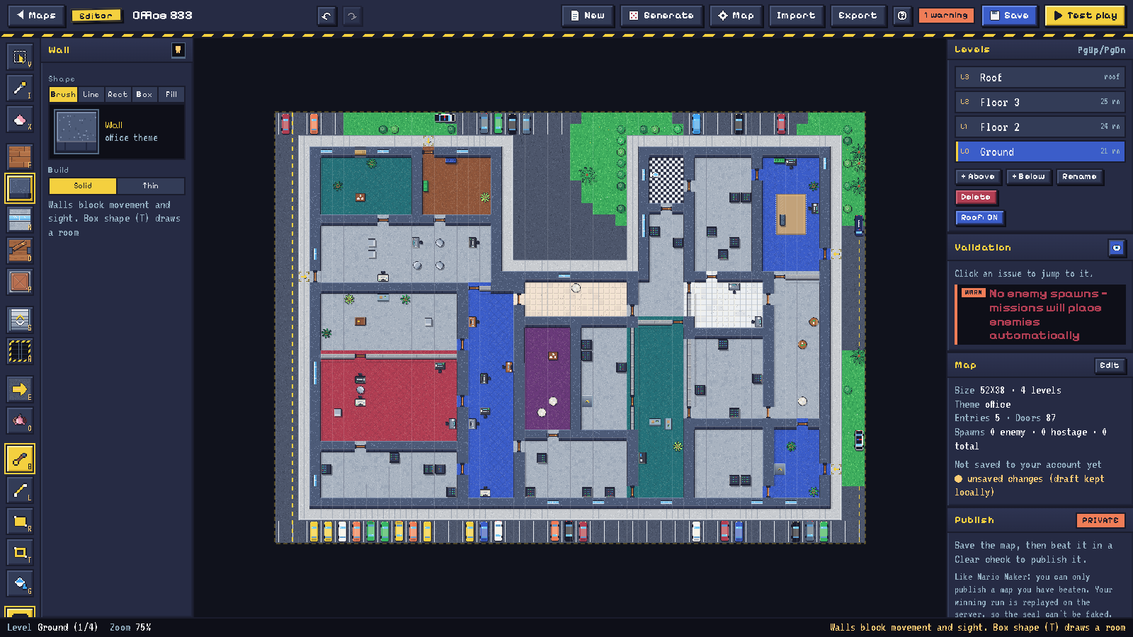 BREACHPOINT screenshot: Map editor: generate or paint multi-storey buildings with stairs, shafts, thin walls and a roof