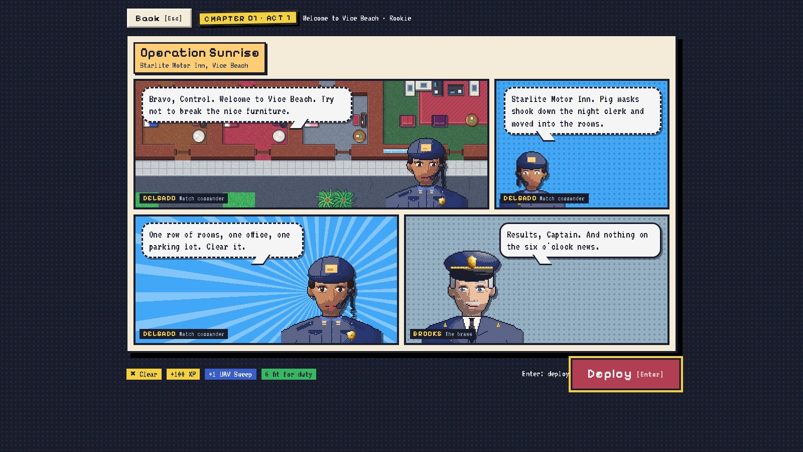 Comic-panel briefing: Lt. Delgado and the golden-pig boss over the Royal Palms Motel.