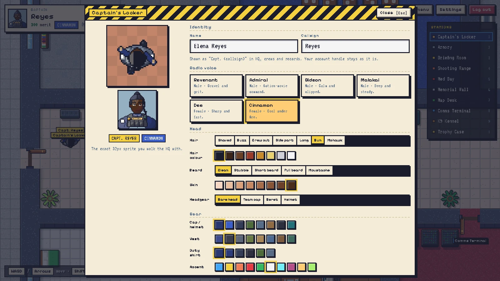 BREACHPOINT screenshot: Your captain: name, callsign, radio voice and a 32px look you walk HQ with